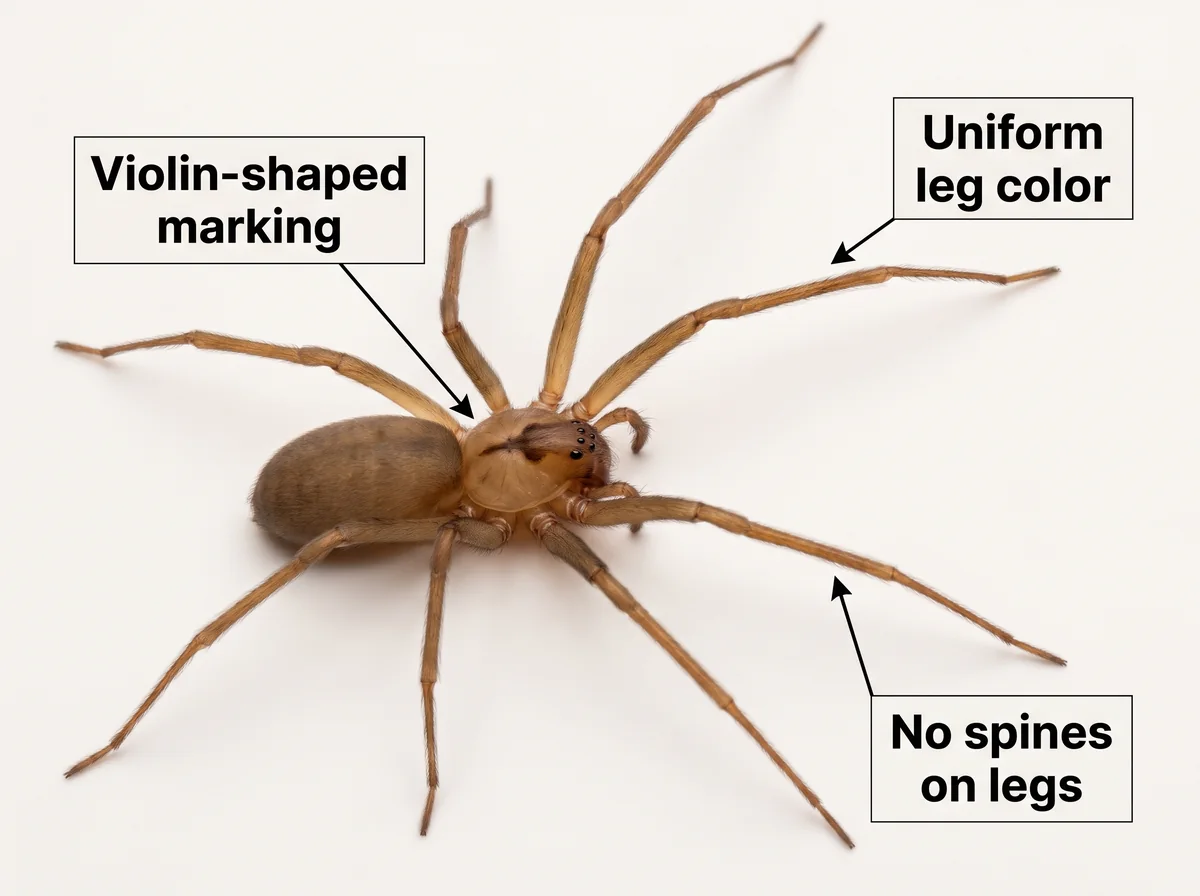 Macro photo of an adult brown recluse spider showing its violin-shaped marking and uniformly colored legs.