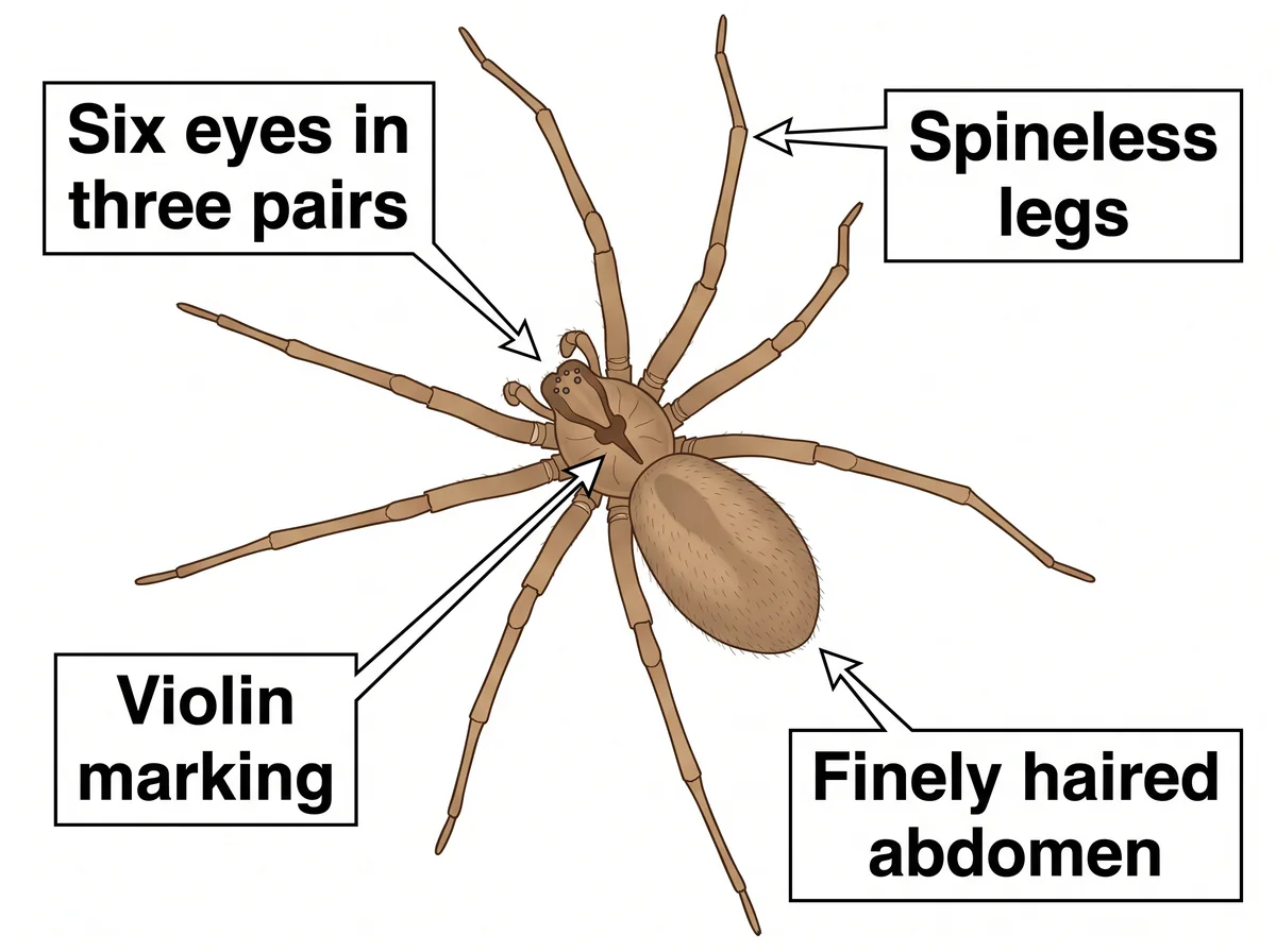 Labeled anatomy diagram pointing out the six eyes, violin marking, and spineless legs of a brown recluse.