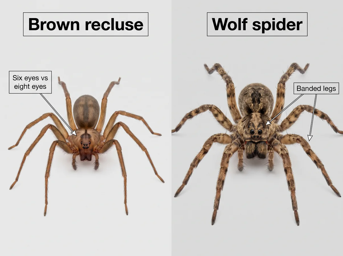 Side-by-side comparison of a brown recluse and a wolf spider highlighting leg banding and eye count differences.